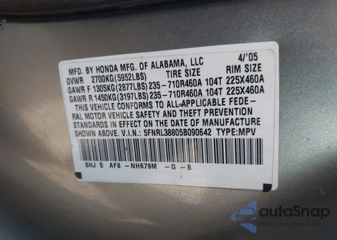 2005 Honda Odyssey Touring from USA, damaged, VIN 5FNRL38805B090642